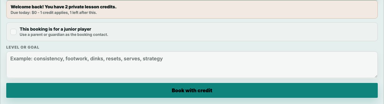 Elite Coach Booking recognizing a returning client with two lesson-package credits, showing zero due today and one remaining credit after booking