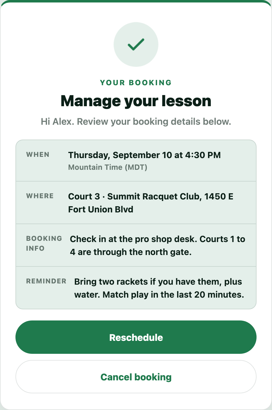 The client manage page showing the lesson time, venue, coach instructions, and buttons to reschedule or cancel.