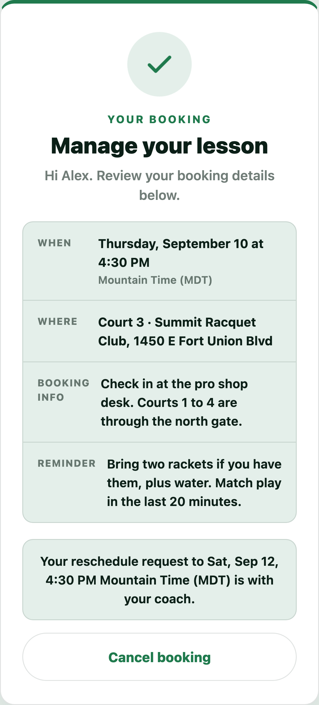The manage page on a phone, telling the client their reschedule request to Saturday is with their coach.