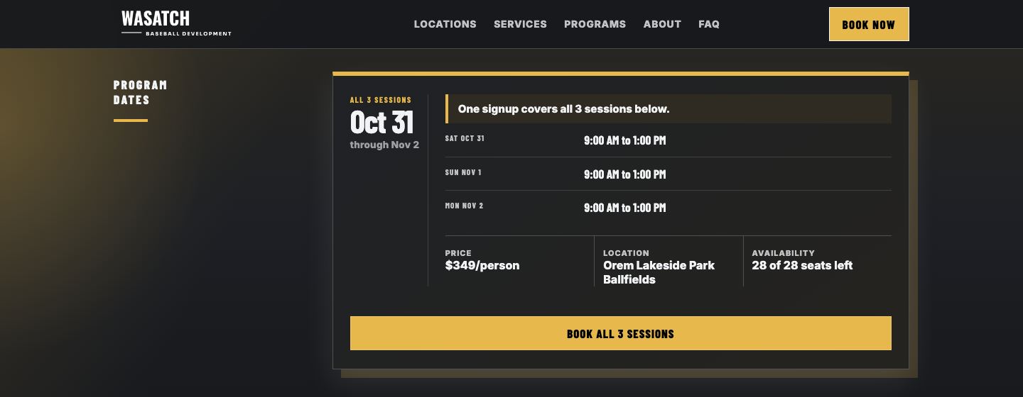 A published baseball camp page showing Saturday, Sunday, and Monday sessions grouped under a single registration button.