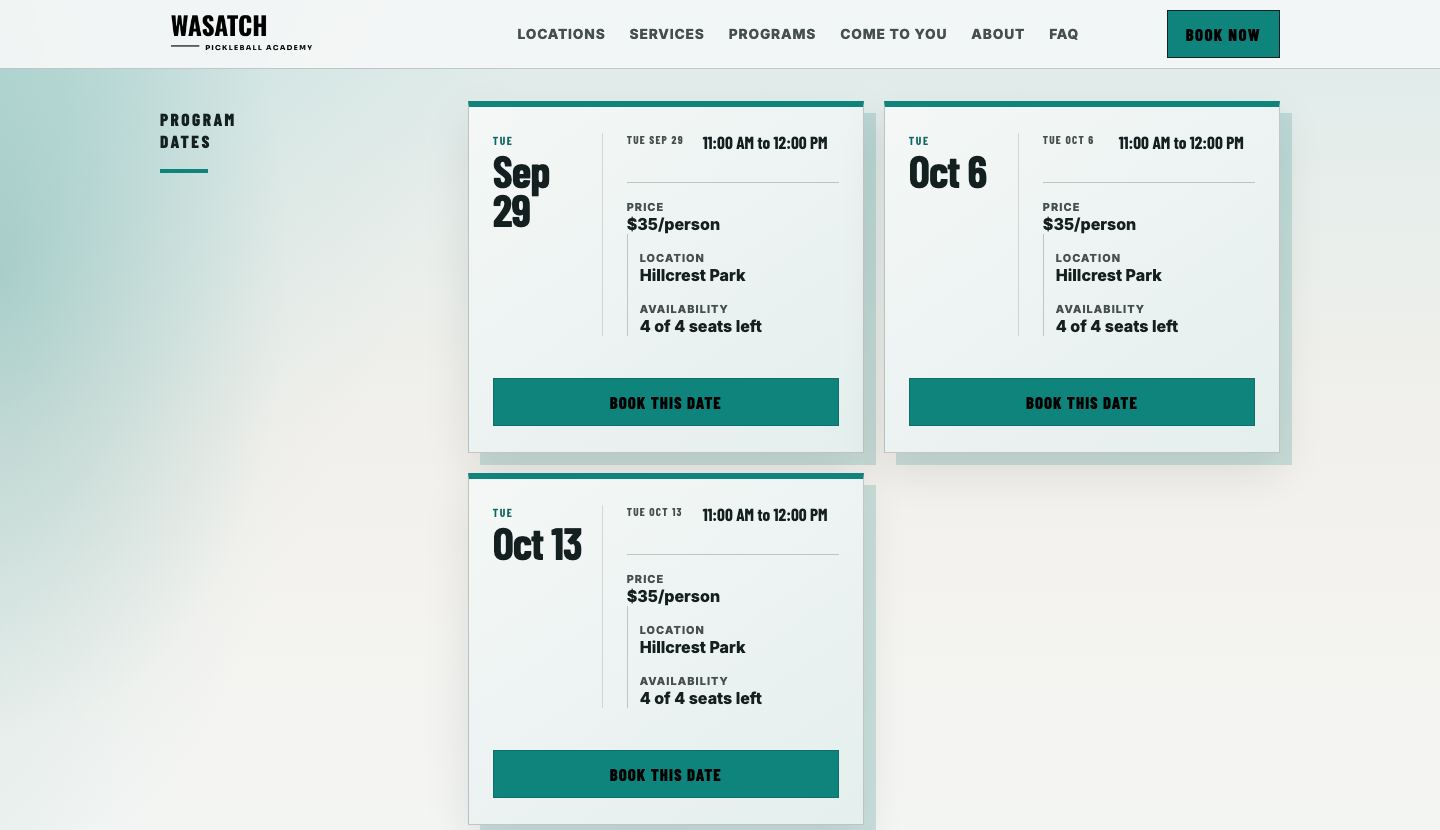 A published weekly clinic page listing Tuesday dates, each with its own price, location, seats left, and book this date button.