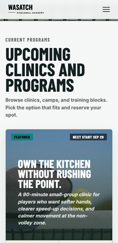The same programs storefront on a phone, with the heading, the description, and the featured clinic card stacked.