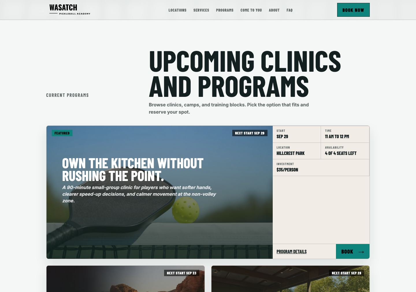 The programs storefront on a published pickleball coaching site, showing a featured clinic and further programs with dates, venue, seats left, and price.