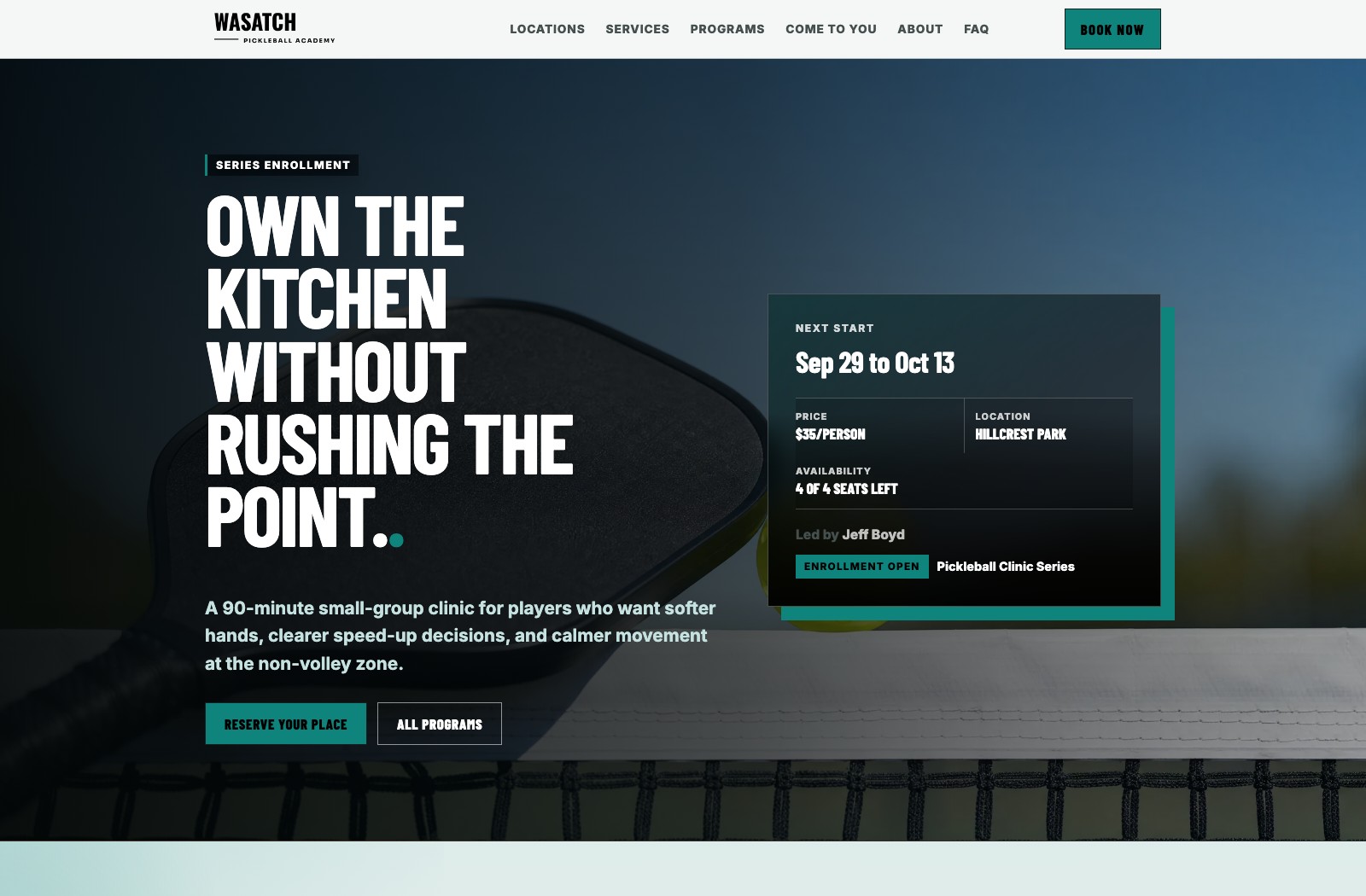 The Wasatch Pickleball Academy detail page for the Kitchen Confidence Clinic, with dates and seats