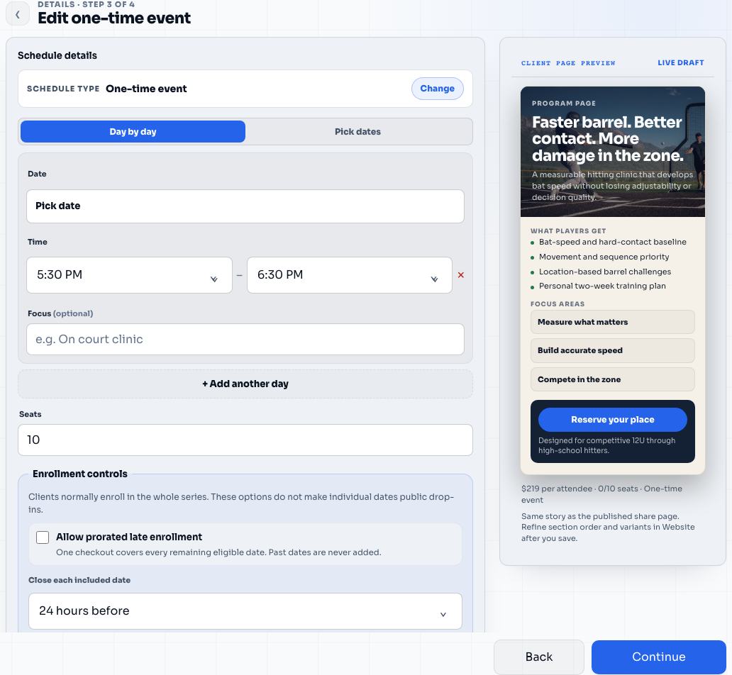 Schedule setup for Contact & Bat Speed Lab in the Elite Coach Booking coach app