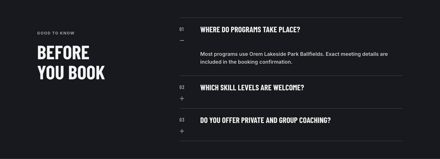 Real frequently asked questions section from Wasatch Baseball Development