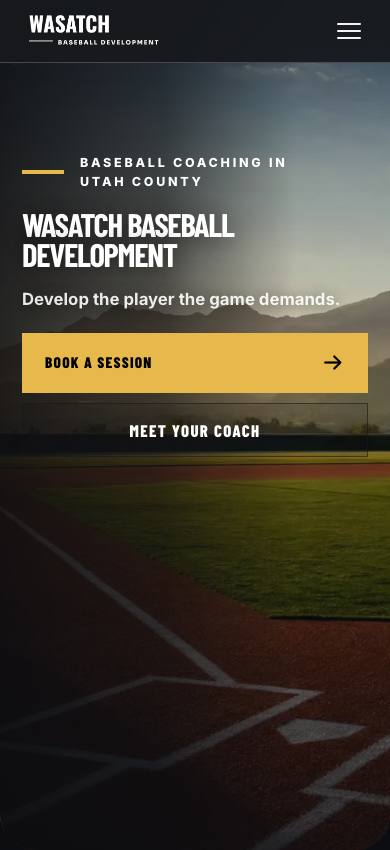 Mobile view of the Wasatch Baseball Development homepage