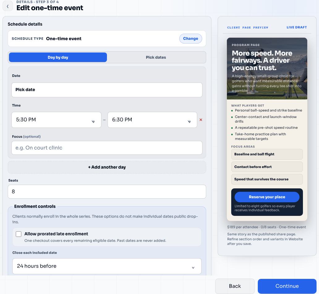 Schedule setup for Driver Speed & Accuracy Lab in the Elite Coach Booking coach app