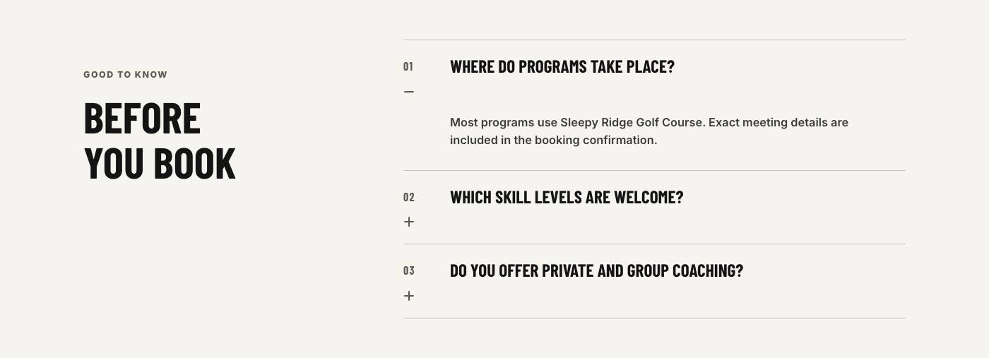 Real frequently asked questions section from Wasatch Golf Performance