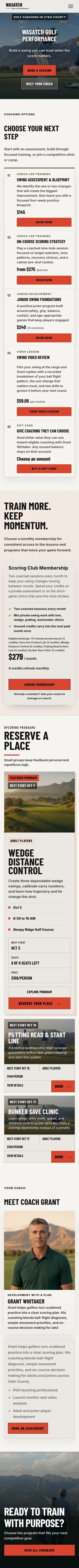 The Wasatch Golf Performance homepage at phone width