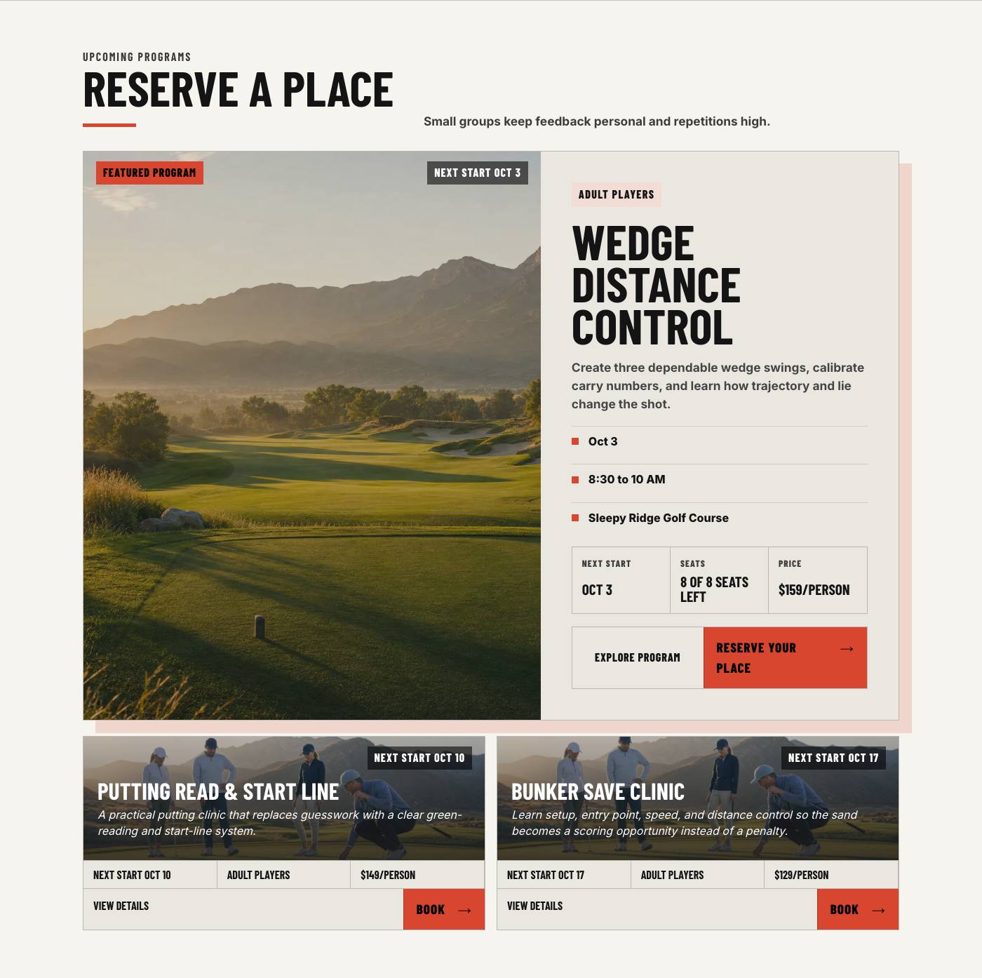 Real upcoming programs section from Wasatch Golf Performance