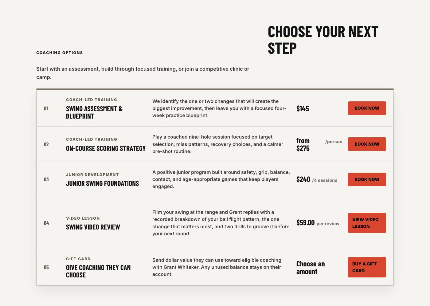 Real coaching options section from Wasatch Golf Performance