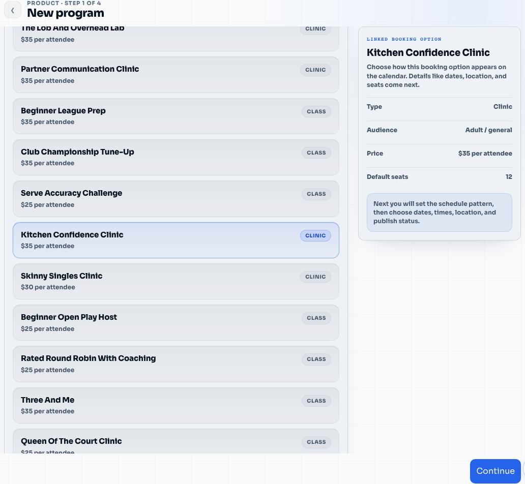 Program setup for Kitchen Confidence Clinic in the Elite Coach Booking coach app