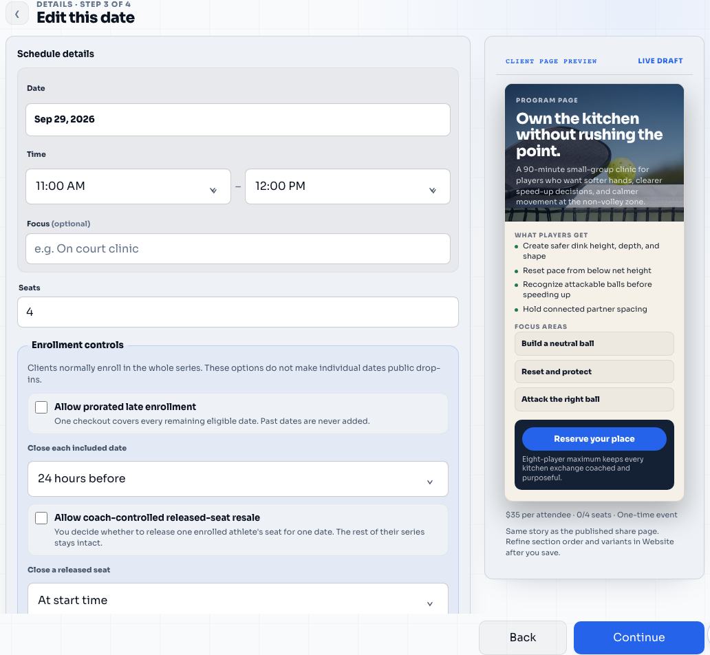 Schedule setup for Kitchen Confidence Clinic in the Elite Coach Booking coach app
