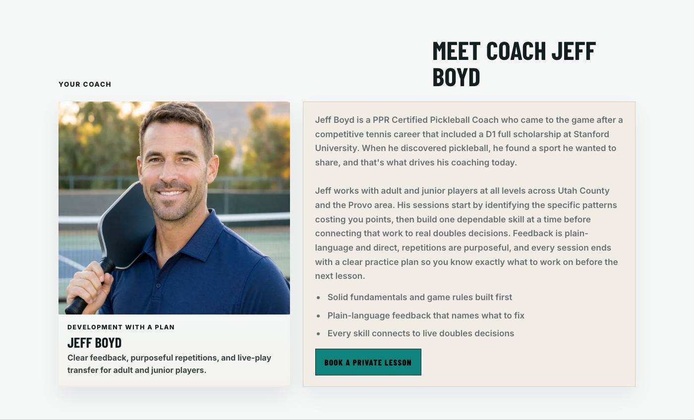 Real coach story section from Wasatch Pickleball Academy