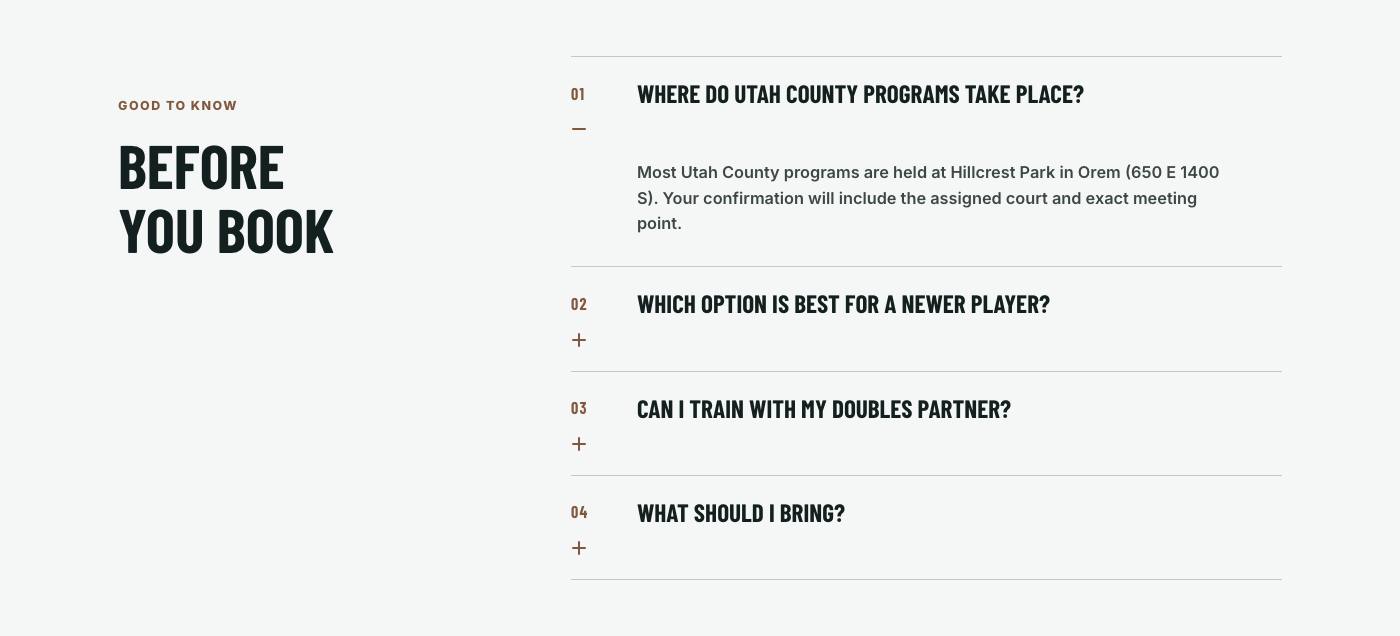 Real frequently asked questions section from Wasatch Pickleball Academy