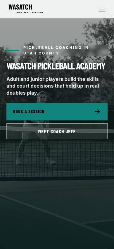 Mobile view of the Wasatch Pickleball Academy homepage