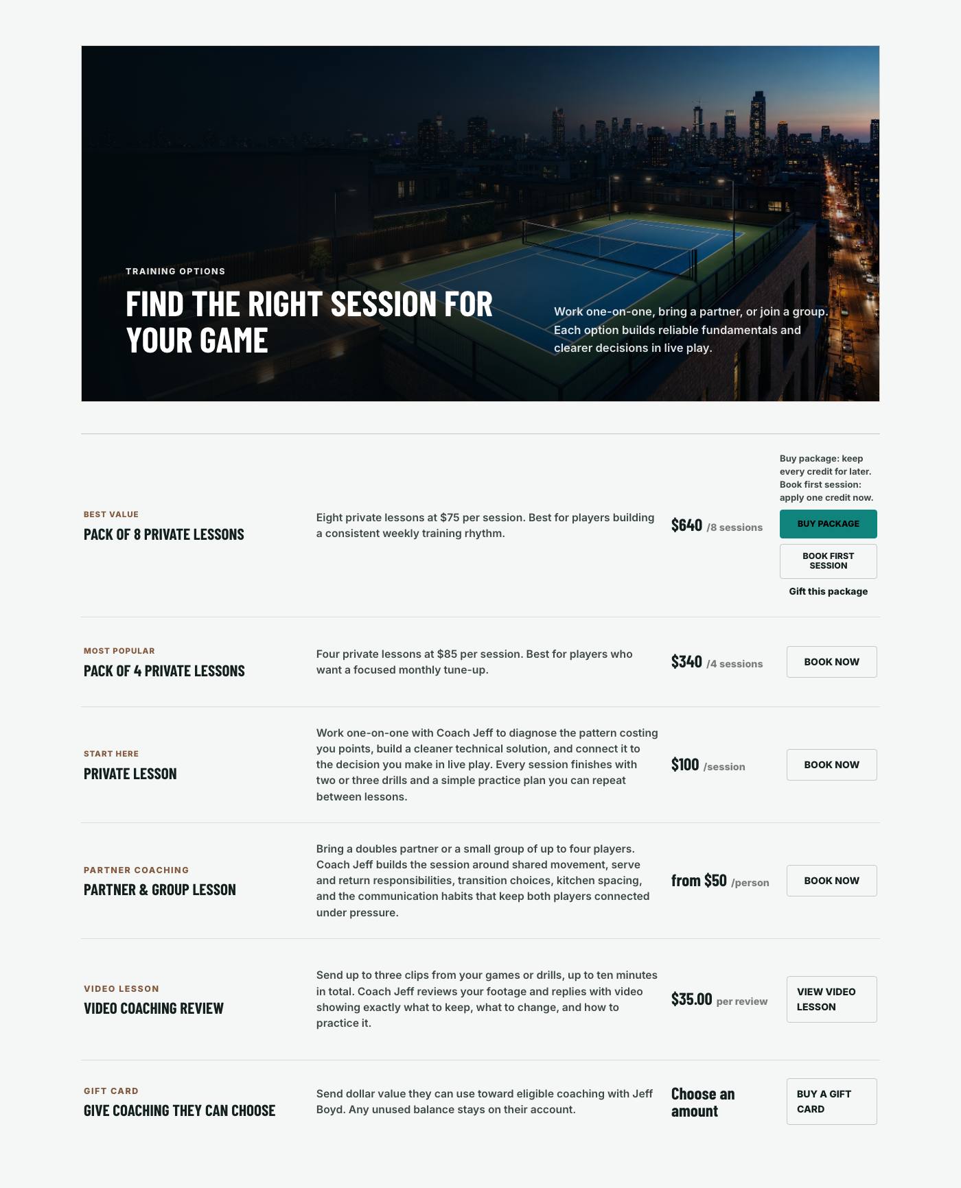 The coaching options section of a published demo coaching site, listing an eight lesson package, a four lesson package, a single private lesson, partner and group lessons, and a gift card