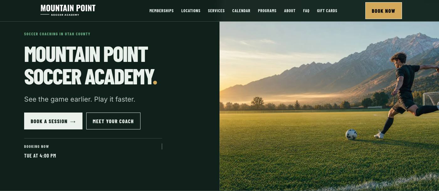 The real published homepage for Mountain Point Soccer Academy