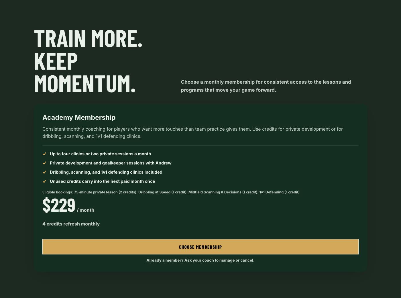Real membership plans section from Mountain Point Soccer Academy