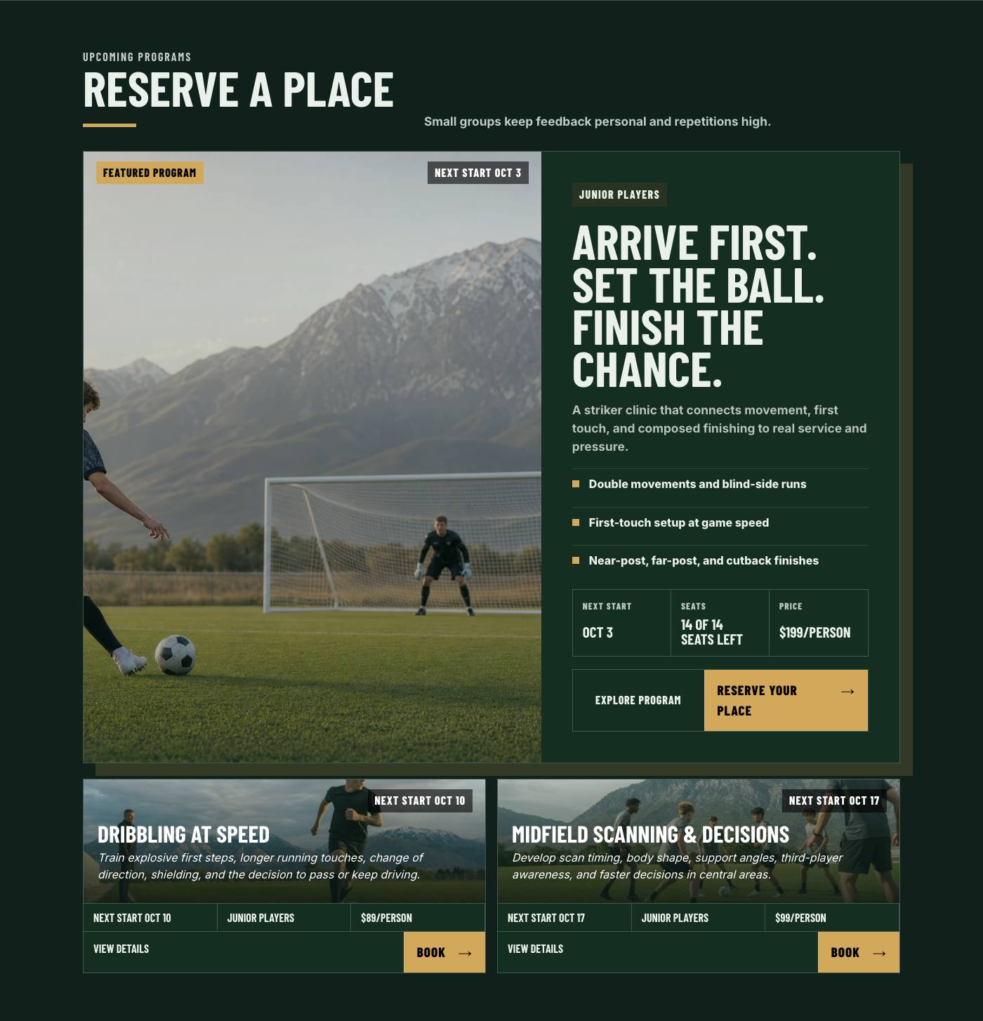 Real upcoming programs section from Mountain Point Soccer Academy