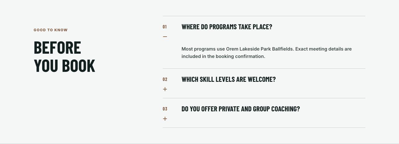 Real frequently asked questions section from Utah Valley Softball Lab