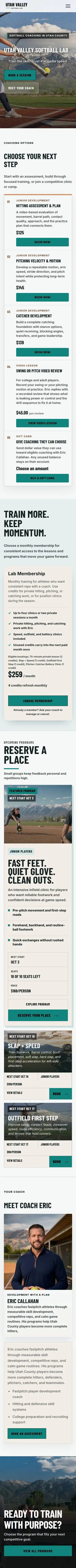 The Utah Valley Softball Lab homepage at phone width