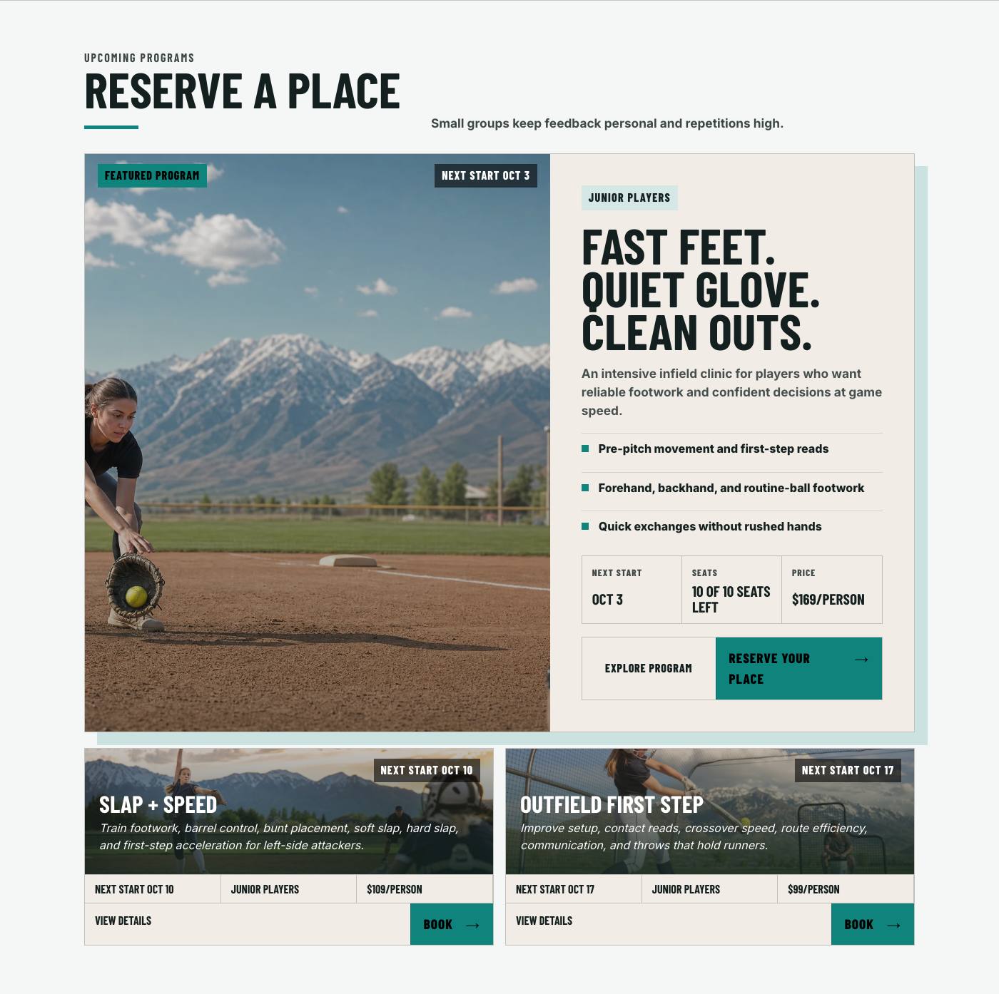 Real upcoming programs section from Utah Valley Softball Lab