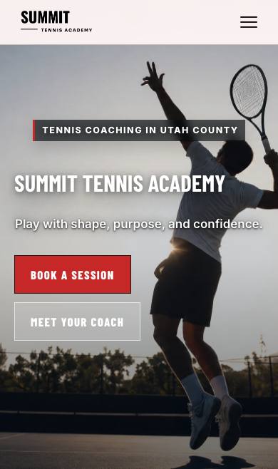 Mobile view of the Summit Tennis Academy homepage