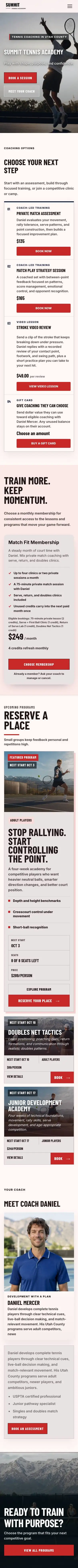 The Summit Tennis Academy homepage at phone width