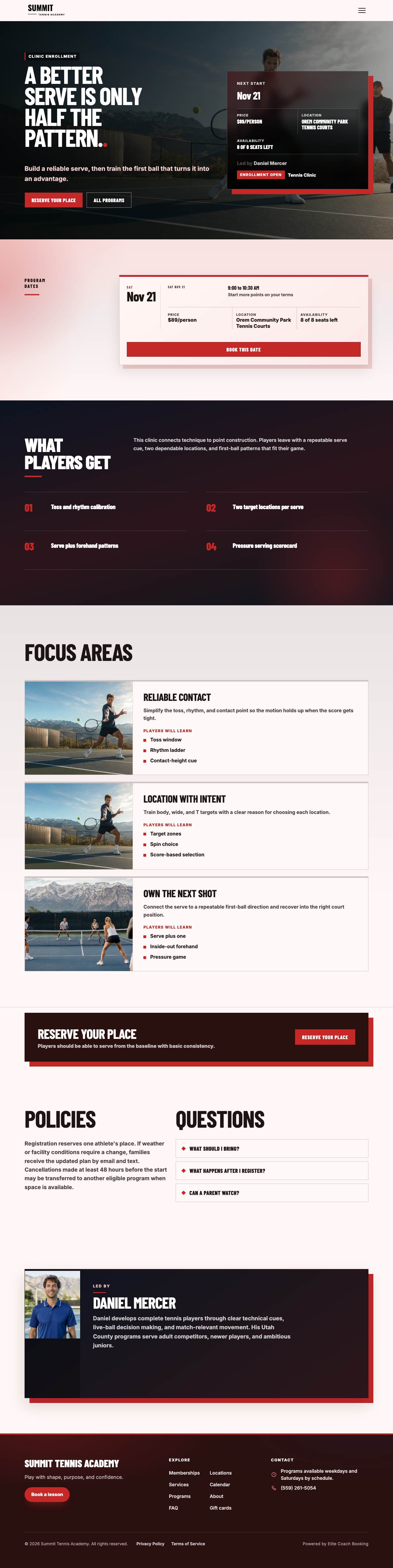 Published landing page for Serve + First Ball Clinic