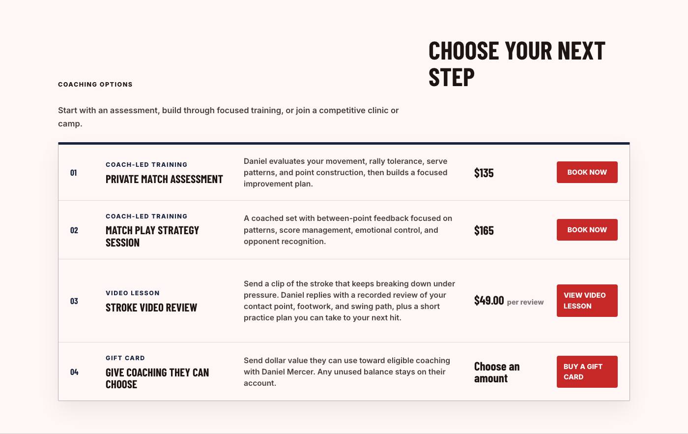 Real coaching options section from Summit Tennis Academy